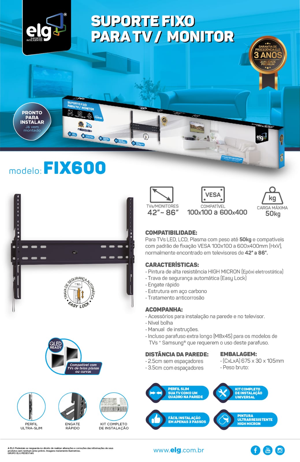 Suporte Fixo Ultra slim para Tv 46 a 86 Fix600 (ELG) - PREMIUM